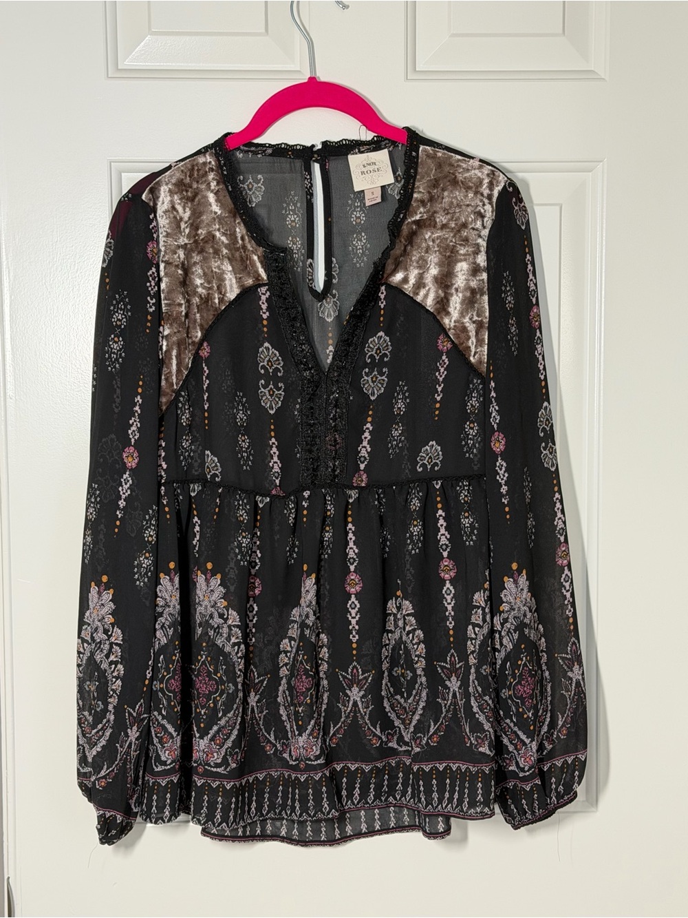 Velvet Yoke Black Floral Peasant Blouse S